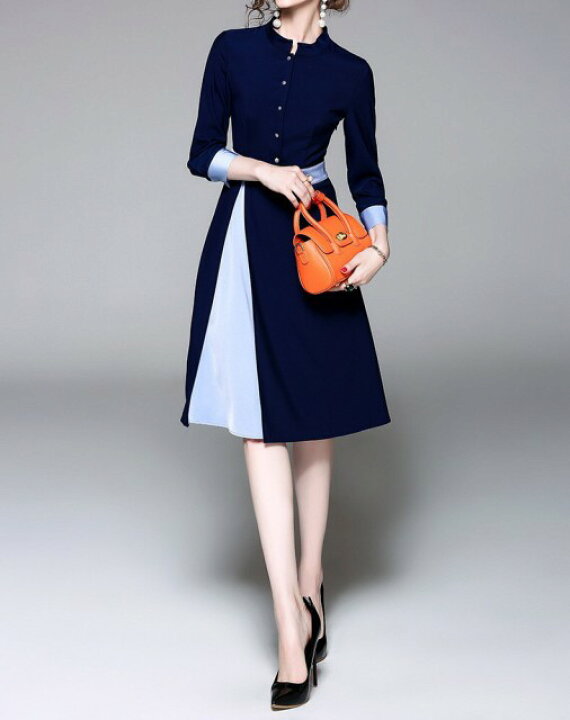 楽天市場 英国風ワンピース バイカラー ネイビー ブルー ワンピース 白ボタン クラシック ひざ丈 膝丈 着痩せ フォーマルシーン ドレス Aio Online Store