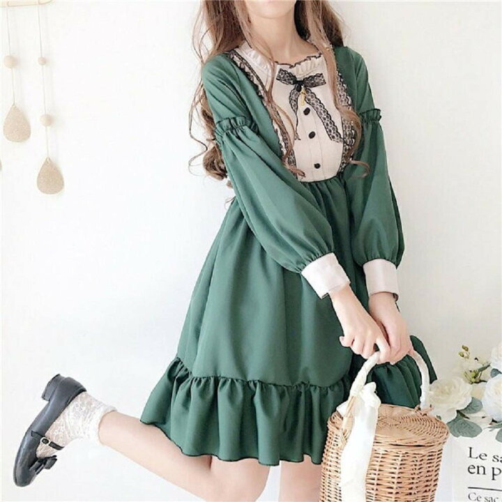 楽天市場 グリーン ワンピース フリーサイズ ロリータ コスプレ メイド ドレス レース 可愛い 長袖 リボン 衣装 演出服 レディース 二次元衣装 美少女ウェア Aio Online Store