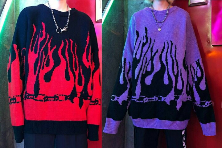 楽天市場 ニット セーター 炎 レッドorパープル ファイア Fire 火 韓国ファッション 焔 ヒップホップ オルチャン ゴシック V系 ヴィジュアル系 ロリータ 韓流 韓国 ビックシルエット ビッグシルエット かわいい お洒落 メンズ レディース クラブ Aio Online Store