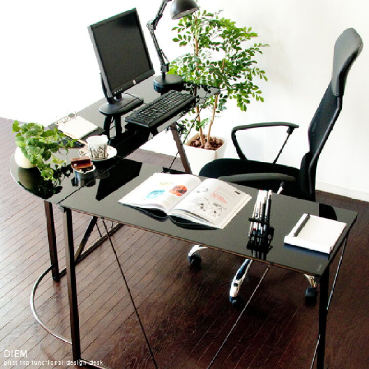 楽天市場 デスク パソコンデスク L字型 コーナー Pcデスク ガラス 書斎机 机 強化ガラス 天板 奥行45cm オフィスデスク テレワーク 在宅勤務 おしゃれ モダン シンプル 黒 ワークデスク L型 L字型 デスク Diem ディエム ブラック エア リゾーム インテリア