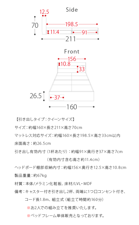 楽天市場】ベッド クイーン クイーンサイズ 棚付き ローベッド ロー