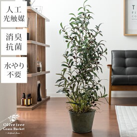 【最大400円OFFクーポン配布中】 観葉植物 オリーブ 7号鉢 おしゃれ フェイクグリーン インテリア 鉢 造花 光触媒 高さ106cm オリーブの木 ヴィンテージ 人口観葉植物 Olive tree Grass Bucket〔オリーブツリーグラスバスケット〕 グリーン 106cm