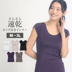 レディース カップ付きインナー 半袖 丸首 フレンチ袖 無地 ブラトップ ストレッチ 速乾 DRY 婦人肌着 インナーウェア M-2L 全5色 薄手 シンプル 送料無料