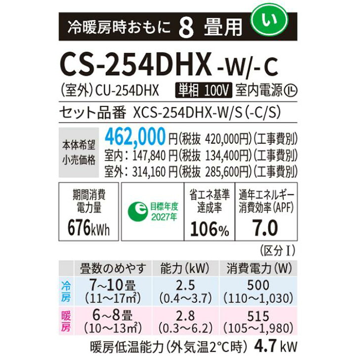 楽天市場】☆200円クーポン配布中☆パナソニック□CS-254DHX-W□ (CS 