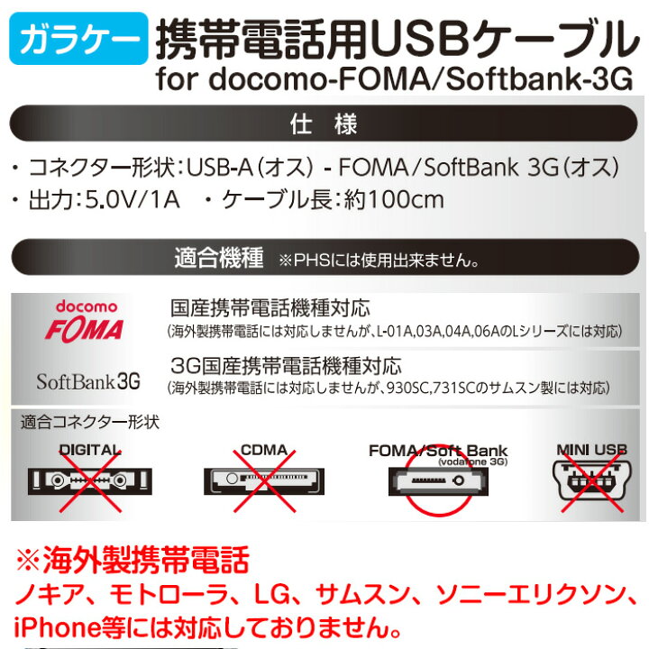 楽天市場 ガラケー 充電 携帯電話 Usbケーブル Usbからケータイを充電 データ転送 Usbポートから ケータイデータを同期 Docomofoma Softbank3g エアージェイ 楽天市場店