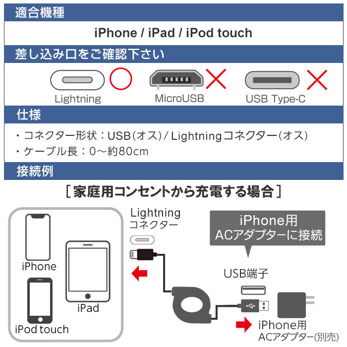 充電ケーブル iPhoneケーブル リールケーブル 80cm USBケーブル 充電ケーブル Lightningケーブル アイフォン アイパッド アイポッドタッチ 巻取式 伸縮 コンパクト アップル認証 6ヶ月保証付 メール便送料無料