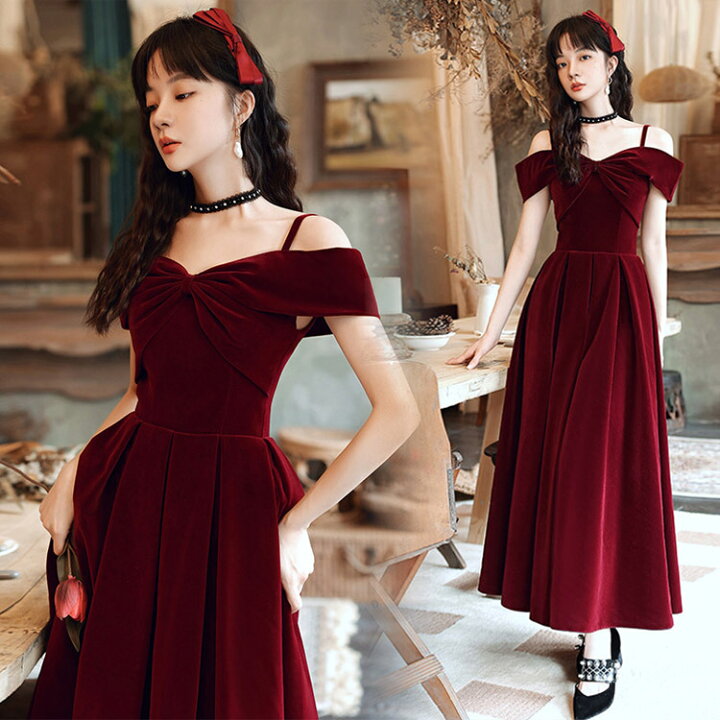 楽天市場】送料無料 結婚式ドレス 二次会ドレス ワイン赤 ベロア  