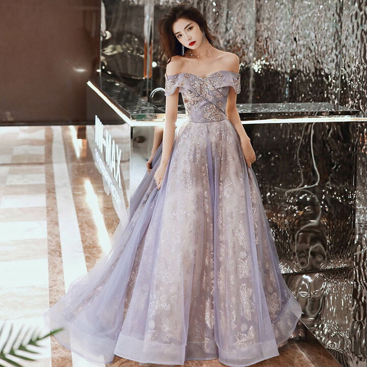 楽天市場】送料無料 イブニングドレス パープル オフショルダー 発表会  