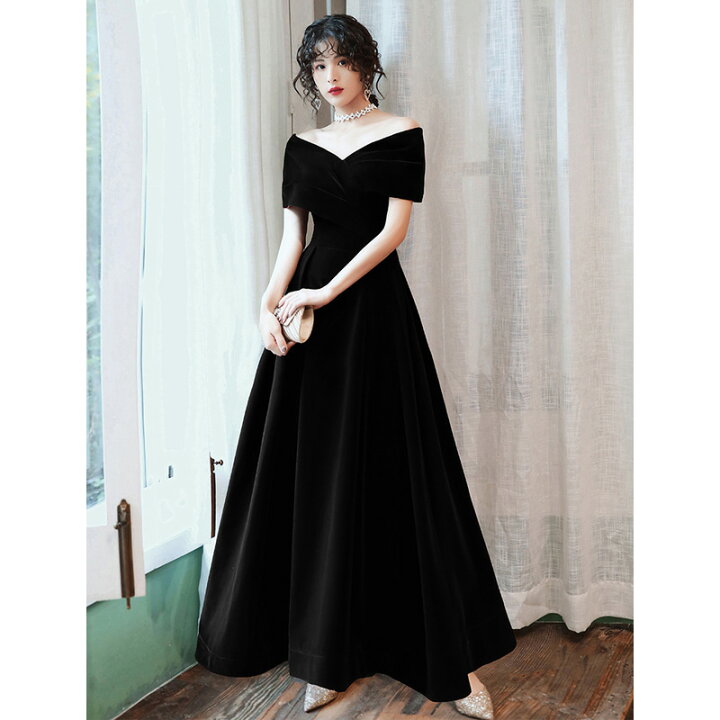 楽天市場】送料無料 イブニングドレス オフショルダー 黒 ベロア  