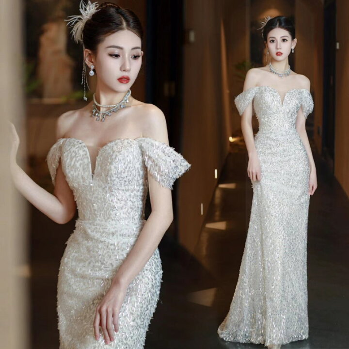 マーメイドドレス イブニングドレス シルバー キラキラドレス Vネック  