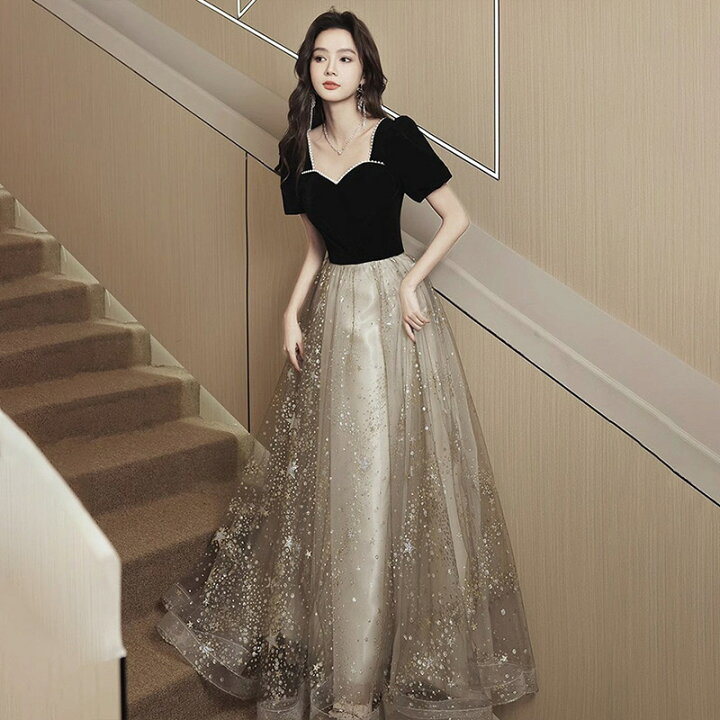 楽天市場】送料無料 イブニングドレス ロングドレス 黒 ベロア  