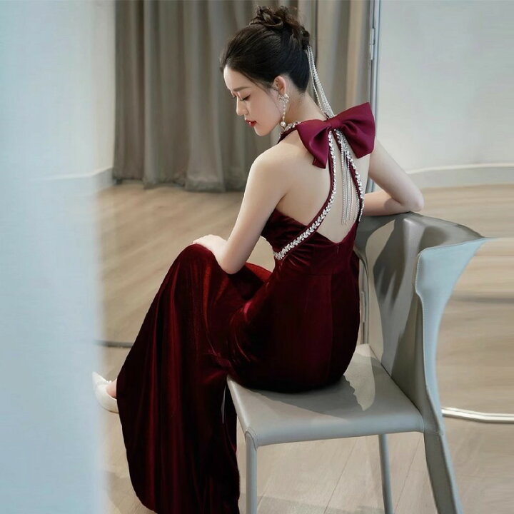 楽天市場】送料無料 イブニングドレス ワイン赤 ブラック ベロア  