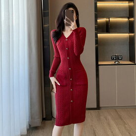 送料無料 ニットワンピース ワイン赤 タイトワンピース ロングワンピース ニット ワインレッド 長袖 Vネック ニットワンピース タイト 着瘦せ ボタン オシャレ 春 秋 冬 S M L XL