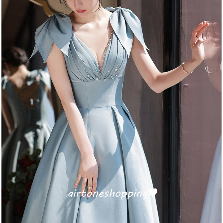 楽天市場】送料無料 イブニングドレス ロングドレス ブルー サテン  