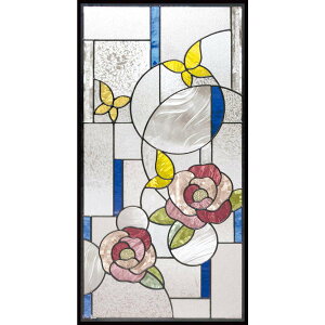 ステンドグラス SH-A48 Aサイズ W480×H913×T18mm ケーム色:ブラック 一部鏡面ガラス【強化ガラス 三層構造 手作り オーダーメイド可 目隠し 防犯 防音 断熱 壁 窓 ドア 屋外 屋内 室内 インテリア