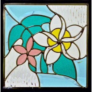 ステンドグラス SH-E12 Eサイズ W300×H300×T18mm ケーム色:ゴールド 【強化ガラス 三層構造 手作り オーダーメイド可 目隠し 防犯 防音 断熱 壁 窓 ドア 屋外 屋内 室内 インテリア エクステリア