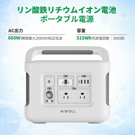 AIWOLL ポータブル電源 515Wh 介護施設・高齢者施設向け 非常用電源 600W出力 瞬間最大1200W リン酸鉄リチウム 長寿命 コンパクト 業務用蓄電池 停電時の機器対応 防災バッテリー BCP対策 地震・台風・停電対策