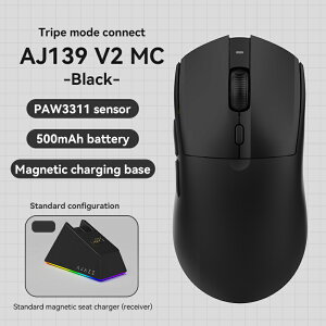 AJAZZ���{���� �������K�i AJ139 V2 MC �Q�[�~���O�}�E�X �g���C���[�h 2.4Ghz/ BT/�L�� PAW3311�Z���T�[ 1000Hz�|�[�����O���[�g 12000DPI �}�E�X�{�̋y�у}�O�l�b�g�[�d�h�b�NRGB���C�g�t�� 66g�y�� 500mAh