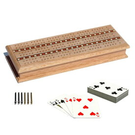【中古】【未使用・未開封品】WE Games Cabinet Cribbage Set - Solid Oak Wood with Inlay Sprint 3 Track Board with Metal Pegs & 2 Decks of Cards