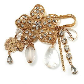 【中古】【未使用・未開封品】'Filigree Flower, Crystal Tassel & Acrylic Bead' Charm Safety Pin Brooch (Gold Tone)