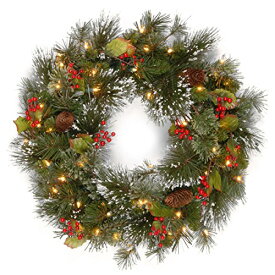 【中古】【未使用・未開封品】National Tree Company 照明付き人工クリスマスリース フロック 装飾と張り付け済みホワイトライト Wintry Pine 24インチ