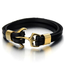 【中古】【未使用・未開封品】Stainless Steel Mens Gold Marine Anchor Bangle Bracelet Genuine Black Leather Wristband