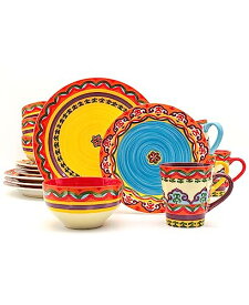 【中古】【未使用・未開封品】Euro Ceramica Galicia Collection Andalusian-Inspired 16 Piece Ceramic Dinnerware Set, Vibrant Assorted Patterns, Multicolor