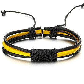 【中古】【未使用・未開封品】Mens Womens Yellow Black Braided Leather Cotton Bracelet Wristband Wrap Bracelet, Adjustable
