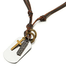 【中古】【未使用・未開封品】Cross Dog Tag Pendant Necklace for Men Boys with Adjustable Brown Leather Cord