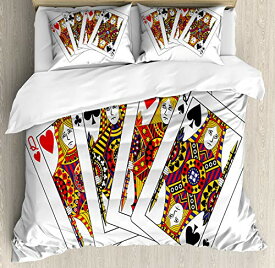 【中古】【未使用・未開封品】クイーン羽毛布団カバーセットby Ambesonne、Queens Pokerセット面ハートとスペードGamblingテーマシンボルPlayingカード、装飾寝具セットwithピ