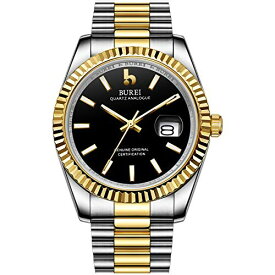 【中古】【未使用・未開封品】BUREI メンズ クォーツ腕時計 日付表示 ステンレススチールバンド ビジネス腕時計 メンズ ゴールドとシルバー