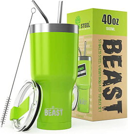 【中古】【未使用・未開封品】Greens Steel BEAST 40オンス レモングラス グリーンタンブラー - ステンレススチール 断熱コーヒーカップ 蓋付き ストロー2本 ブラシ&ギフトボ