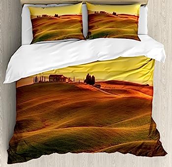 Tuscanインテリア布団カバーセットby Ambesonne、ヨーロッパ地中海田舎の農村風景と古い家で田舎風景ファーム印刷、装飾寝具セットwithピロー、