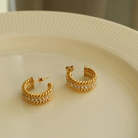 P216 ピアス　金属アレルギー　ステンレス　ゴールド　キラキラ　ジルコニア　フープ フープピアス　アレルギー対応　ギフト　プレゼント　シンプル　カジュアル　ajiro