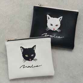 ポーチ Sサイズ 12×10cm 猫の顔 刺繍 黒猫 白猫フェイクレザー フラットポーチ 平ポーチ レディース 化粧ポーチ ミニポーチおしゃれ かわいい プレゼント ギフト プチギフト