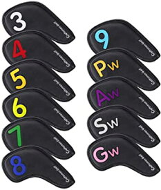 CRAFTSMAN(クラフトマン) ゴルフアイアンカバー ヘッドカバー セット 11枚入り 3&#12316;9、Pw、Aw、Sw、Gw カラフル番号刺繍 ロングネック マジックテープ開閉 合成レザー ブラック