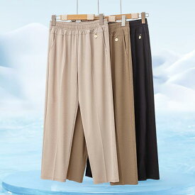 パンツ レディース ミセス 夏 薄手 接触冷感 ハイウエスト ストレート ゆったり ウエストゴム ストレッチ 9分丈 クロップド ポリエステル素材 ポケット付き カジュアル 普段使い リラックス