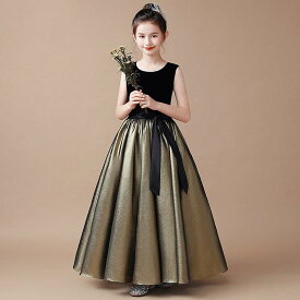 キッズ 女の子 プリンセスフォーマルドレス 高級感 発表会 演奏会 コンクール 誕生日 司会 指揮者 ロング丈 半袖 ガールズ ポリエステル ゴールド スカイブルー