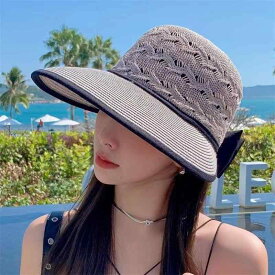 麦わら帽子 男女兼用 つば広 サンハット 韓流 ファッション 透かし編み 通気性 日よけ UVカット リボン シンプル アウトドア 春夏 ラウンドトップ かわいい ナチュラル 紙草素材 ベージュ カーキ グレー ブラック