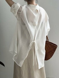 シャツ レディース チャイナ風 チャイナボタン 薄手 軽量 UVカット 長袖 バックスリット ブラウス 再生繊維 ポリエステル 無地 ゆったり ミドル丈 普段使い レトロ シャツ襟 トップス 春夏