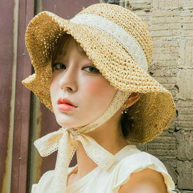 麦わら帽子 レディース 春夏 ストローハット 韓国風 レース あご紐リボン 防風 つば広 日よけ UV対策 ビーチ リゾート 写真映え 透かし編み