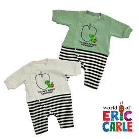 はらぺこあおむし 長袖カバーオール 刺繍 パイル あったか りんご ボーダー 60 70 赤ちゃん 乳児 ベビー ロンパース パジャマ 男の子 女の子 ベビーウェア 出産祝い EH4402 Eric Carle エリックカール キャラクター