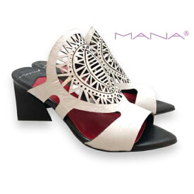 MANA マナ/572067 ミュール サンダル オリエンタル レーザーカット レザー 本革 アートヒール デザインヒール 靴 レディース