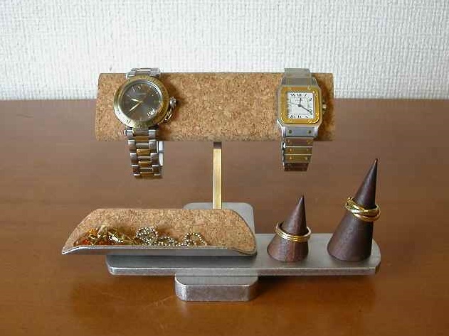 ウォッチスタンド 腕時計 スタンド ディスプレイ コレクション 収納 インテリア アクセサリースタンド 時計スタンド 腕時計飾る ハンドメイド  だ円コルク貼り腕時計スタンド トレイ・リングスタンド付き | なんでもディスプレイ！工房