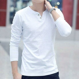 お取寄せ Tシャツ 長袖 ヘンリーネック メンズ カットソー 無地 薄手 カジュアル 着心地 コットン ボタン襟 部屋着 男性 格好いい シンプル 定番