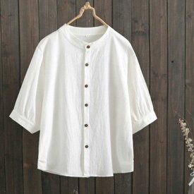 在庫特売 レディース シャツ ブラウス 七分袖 無地 綿麻 ホワイト 白 前開き カーディガン ボタン留め 可愛い ボリューム袖 チュニック シンプル 快適 ゆったり 春 夏