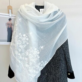 在庫限り 大判ストール ロング ホワイト 白 刺繍 無地 花柄 コットン 綿 肌触り良い 日焼け止め 大きい シンプル 薄地 春 夏 秋 ガーゼ レース