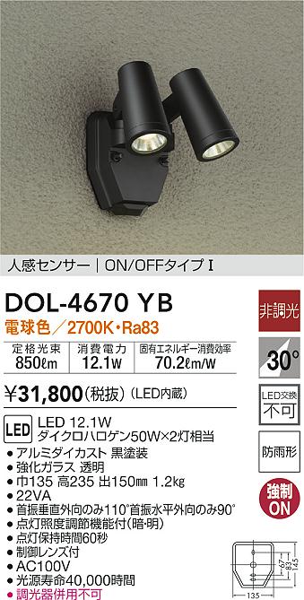 全商品オープニング価格 大光電機 LED屋外スポットライト DOL4019YB 非調光型 工事必要