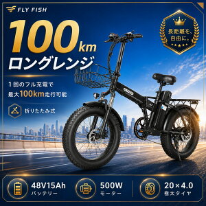 �y�|�C���g10�{���`26��1���z2026�N���f�� FLYFISH �d���A�V�X�g���]�� 20�C���` �܂肽���� 48V15Ah�o�b�e���[ 500W���[�^�[ �V�}�m7�i�ϑ� �ɑ�20×4.0�t�@�b�g�^�C�� �ő�100km���s �O��f�B�X�N�u��