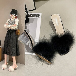 ファーサンダル クリアヒール スリッパ ローファー ダチョウ毛 レディース ファーサンダル ふわふわ もこもこ 靴 シューズ ファーサンダル ファー ローファー付き きれい スリッパも